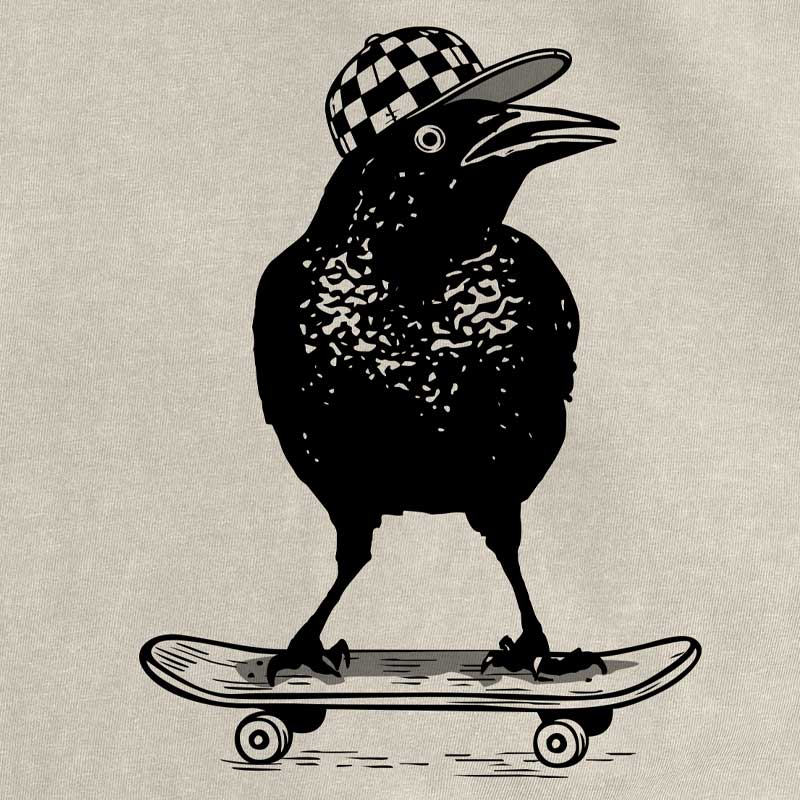 Illustration of a grackle wearing a checkered cap and riding a skateboard on a beige background