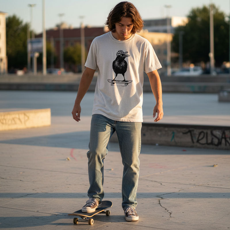 Person skateboarding in an urban setting with a white t-shirt and jeans.