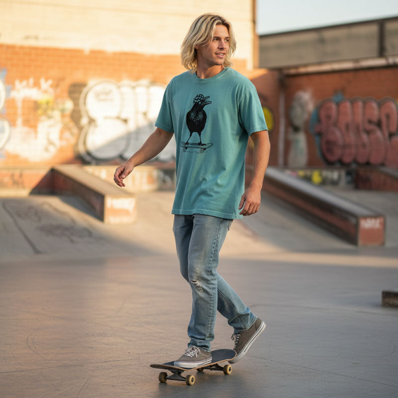 Man skateboarding in a skate park with graffiti in the background