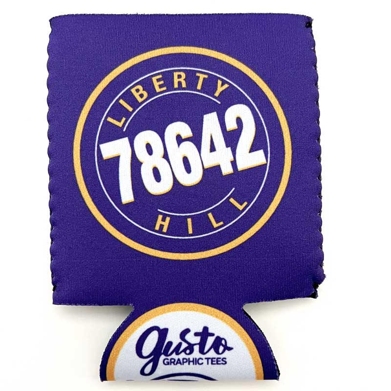 Liberty Hill, TX 78642 Can Cooler, purple and gold can cooler