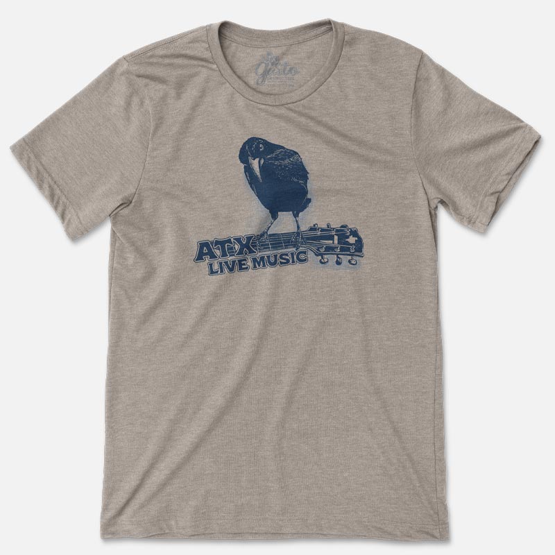 ATX Crow T-shirt, crow sitting on guitar