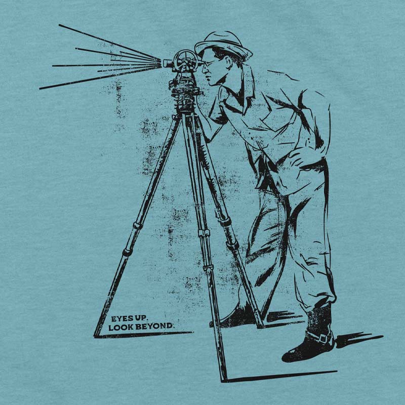 Youth t-shirt featuring vintage photo of man looking through a telescope with "Look Beyond" text – inspirational space-themed graphic on soft cotton tee.