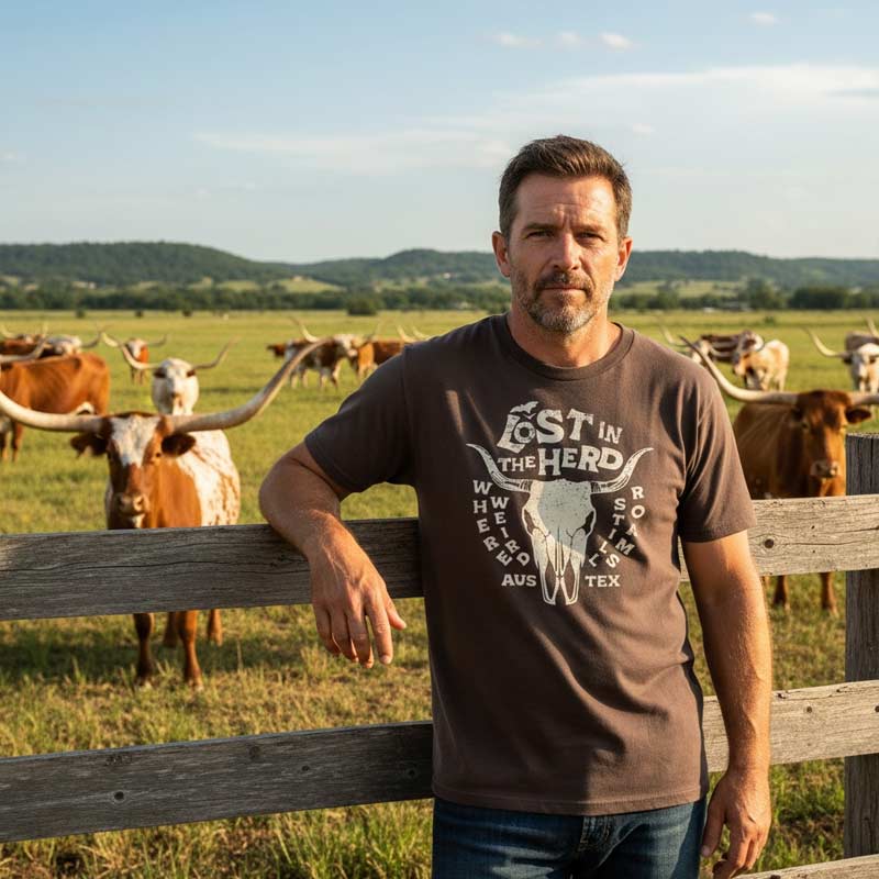 Man standing in a field with longhorn cattle wearing a 'Lost in the Herd' t-shirt.