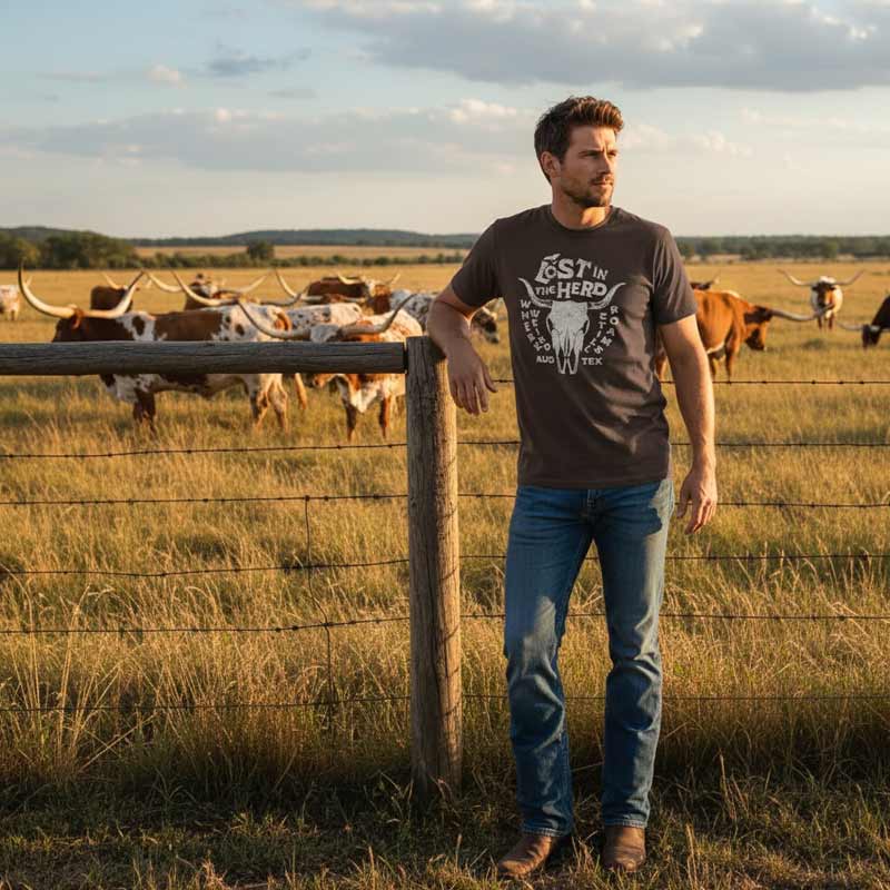 Man standing in a field with longhorn cattle wearing a branded t-shirt.