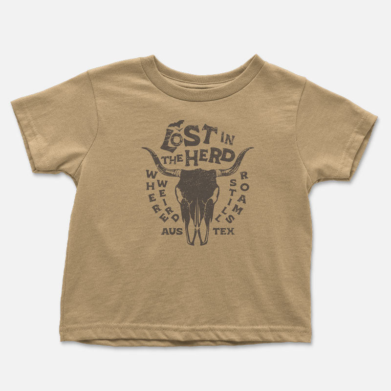 Beige t-shirt with a graphic design on a white background