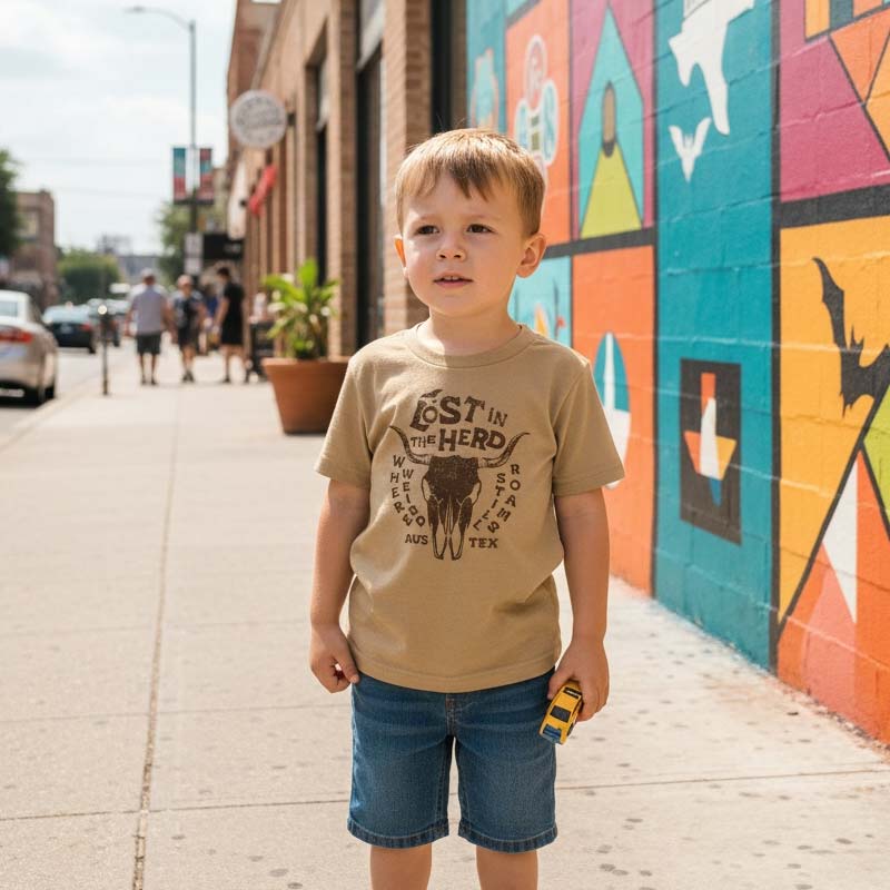 Child wearing a 'Lost in the Herd' t-shirt standing on a sidewalk with a colorful mural in the background.