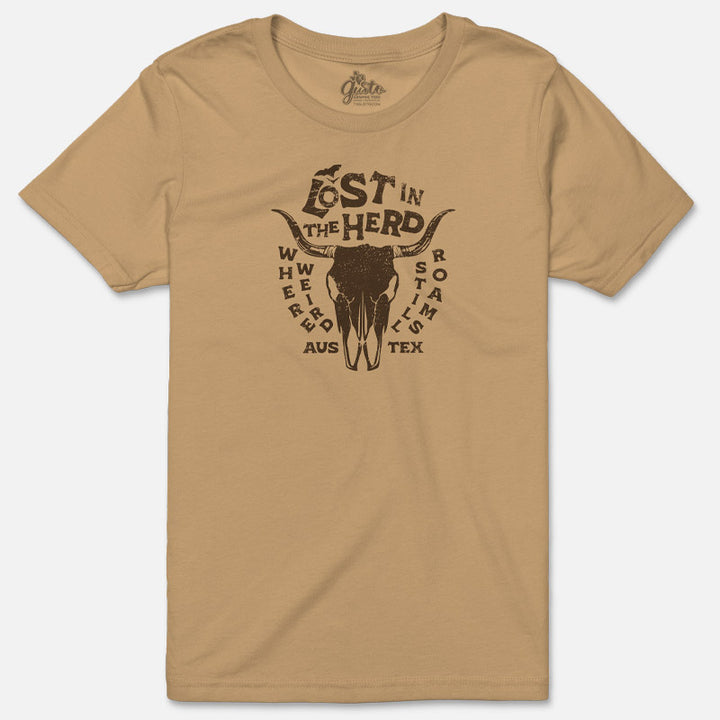 Beige t-shirt with a graphic design of a bull skull and text on a white background