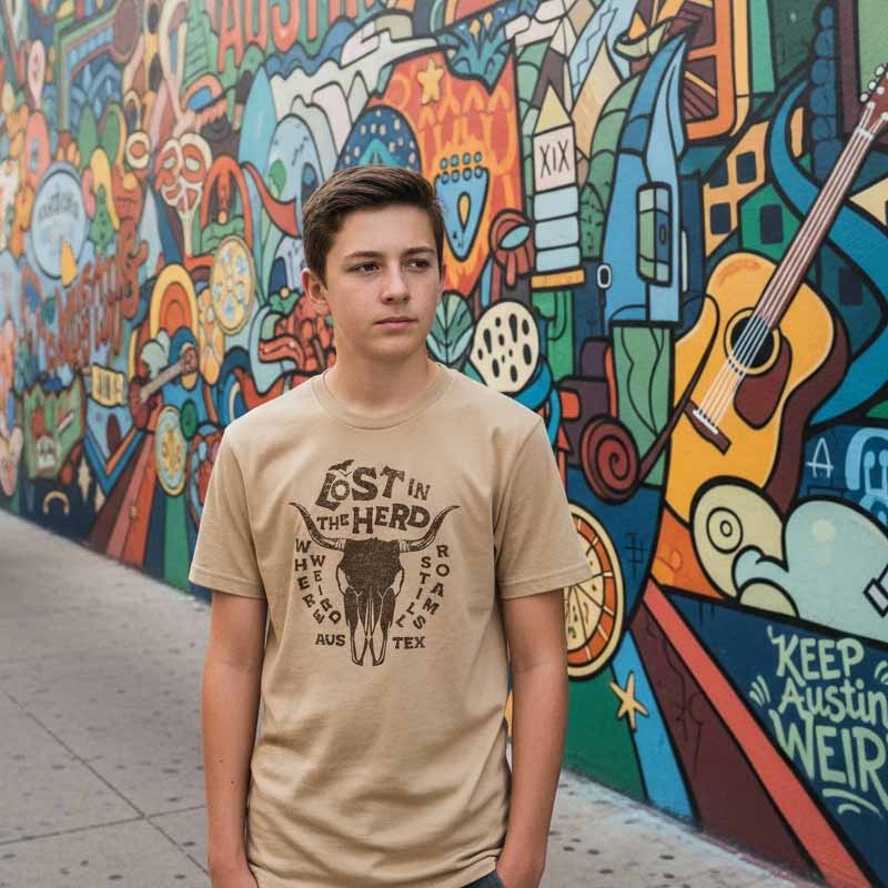 Person wearing a 'Lost in the Herd' t-shirt in front of a colorful mural.