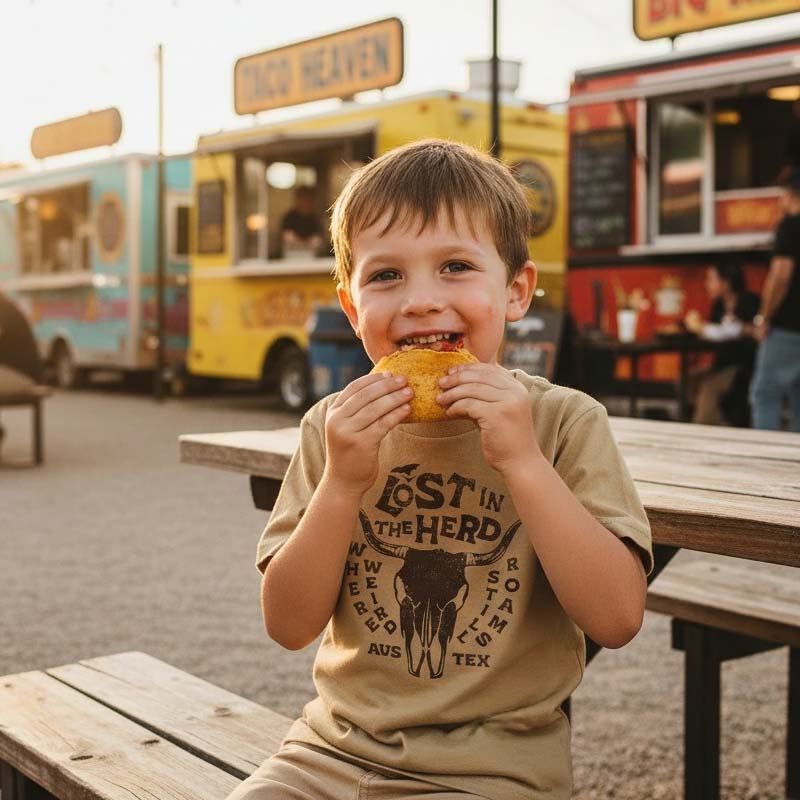 Child eating corn on the cob with food trucks in the background