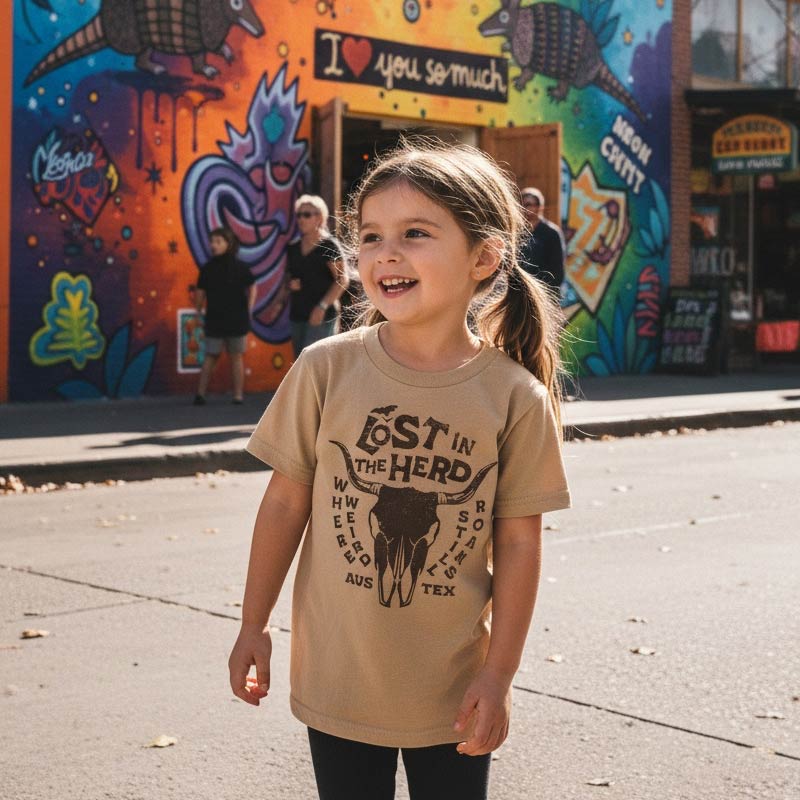Child wearing a 'Lost in the Hero' t-shirt in front of a colorful mural.