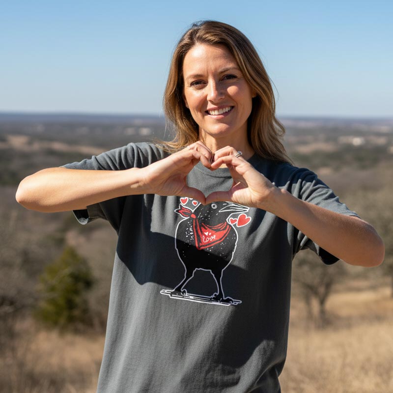 Person wearing Love Grackle Comfort Colors 1717 T-shirt featuring a Texas grackle bird Valentine design