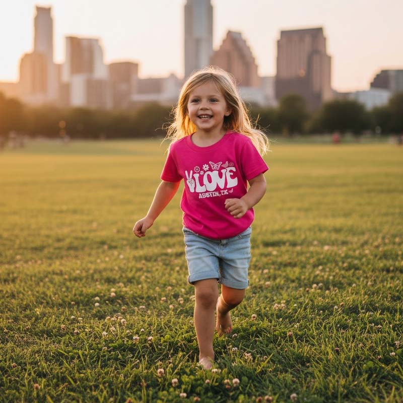Child running on grass with a city skyline in the background
