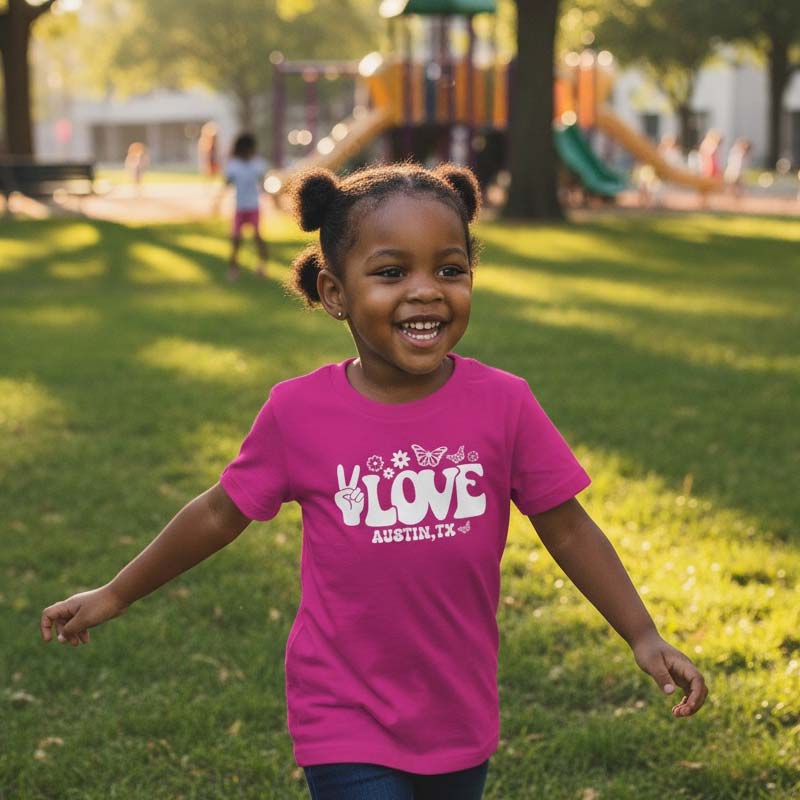 Child wearing a pink t-shirt with 'I Love Austin, TX' at a playground.
