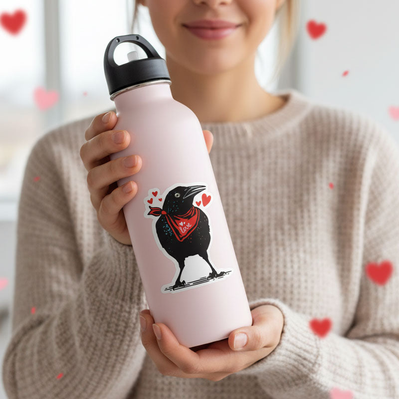 Grackle Love Sticker – Valentine’s Day Texas Bird Vinyl - person holding bottle with sticker