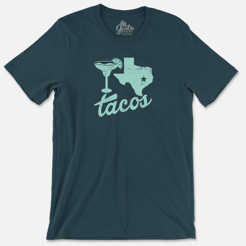 Margaritas, TX, Tacos graphic on t-shirt – bold retro lettering celebrating Tex-Mex vibes and Texas fun