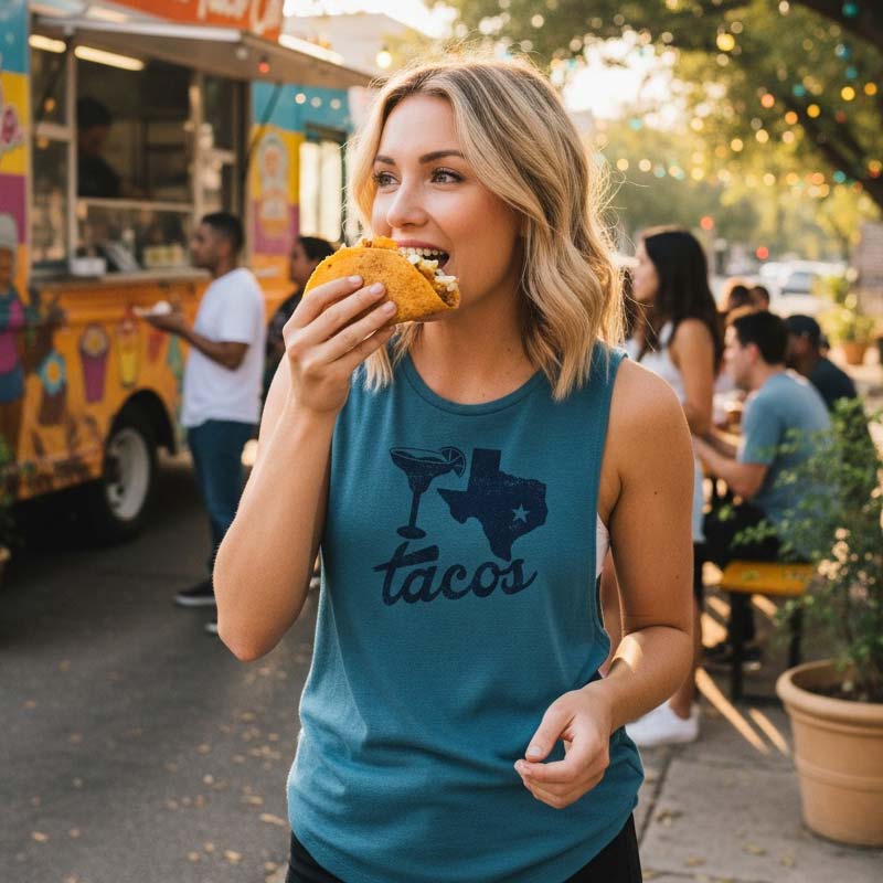 Woman eating a taco outdoors with a food truck in the background