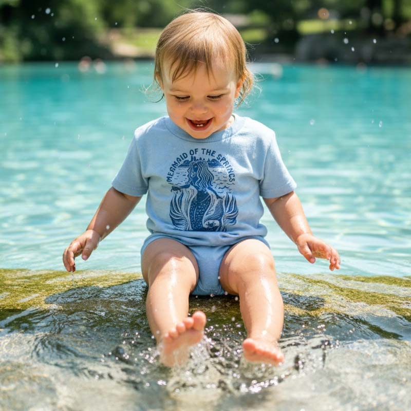 Child playing in water wearing a blue t-shirt with a mermaid design.