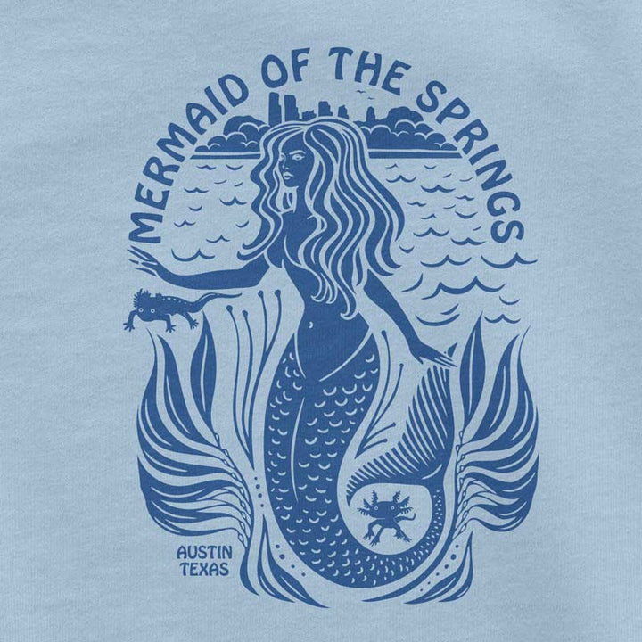 Cute toddler t-shirt featuring a mermaid swimming with Barton Springs salamanders in clear spring water, playful and Austin-inspired design.