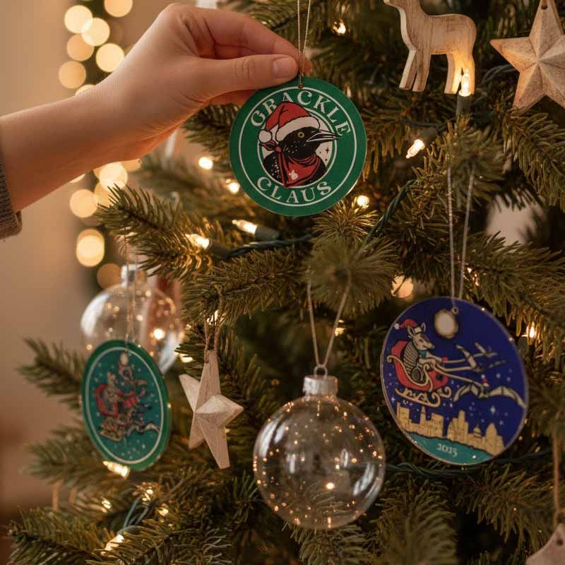 Hand placing a 'Grackle Claus' ornament on a decorated Christmas tree.