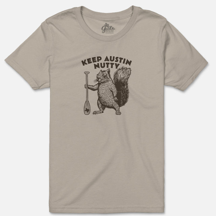 T-shirt with a squirrel graphic and text 'Keep Austin Nutty' on a beige background
