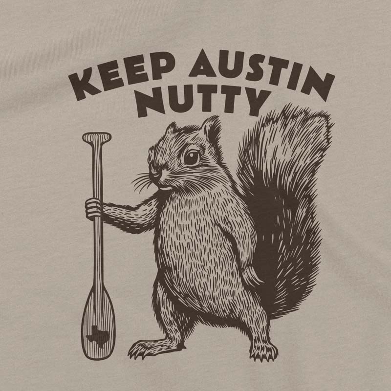 Squirrel holding a paddle with 'Keep Austin Nutty' text on a beige background