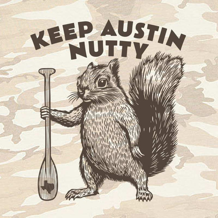 Illustration of a squirrel holding a nut with 'Keep Austin Nutty' text on a camouflage background