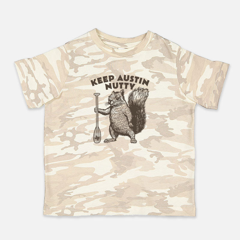 Camouflage t-shirt with a squirrel graphic and text on a white background