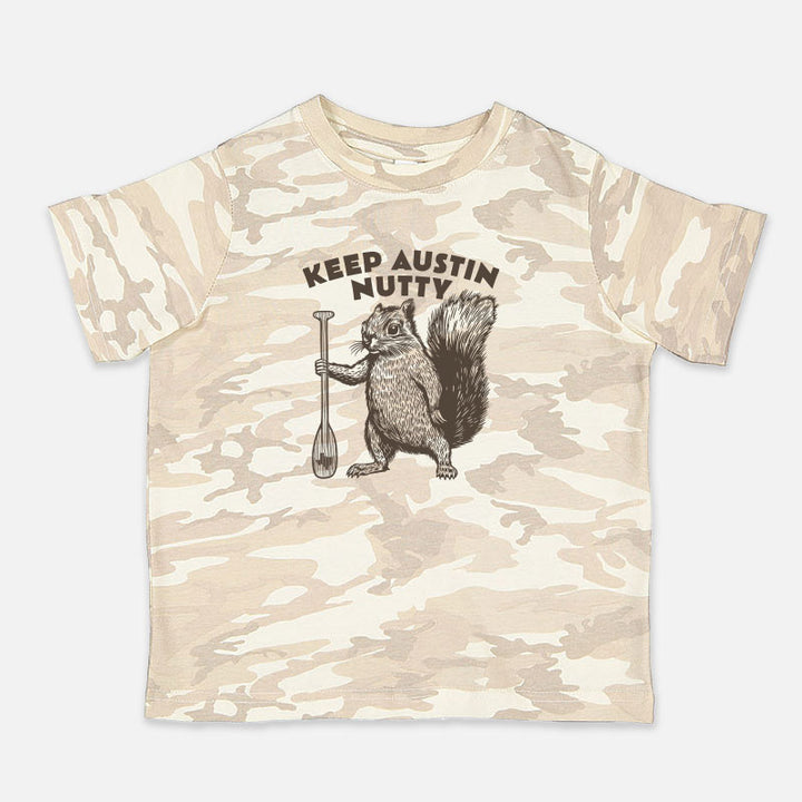 Camouflage t-shirt with a squirrel graphic and text on a white background