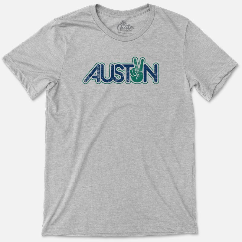 Peace Austin T-shirt, grey shirt with groovy Austin graphic