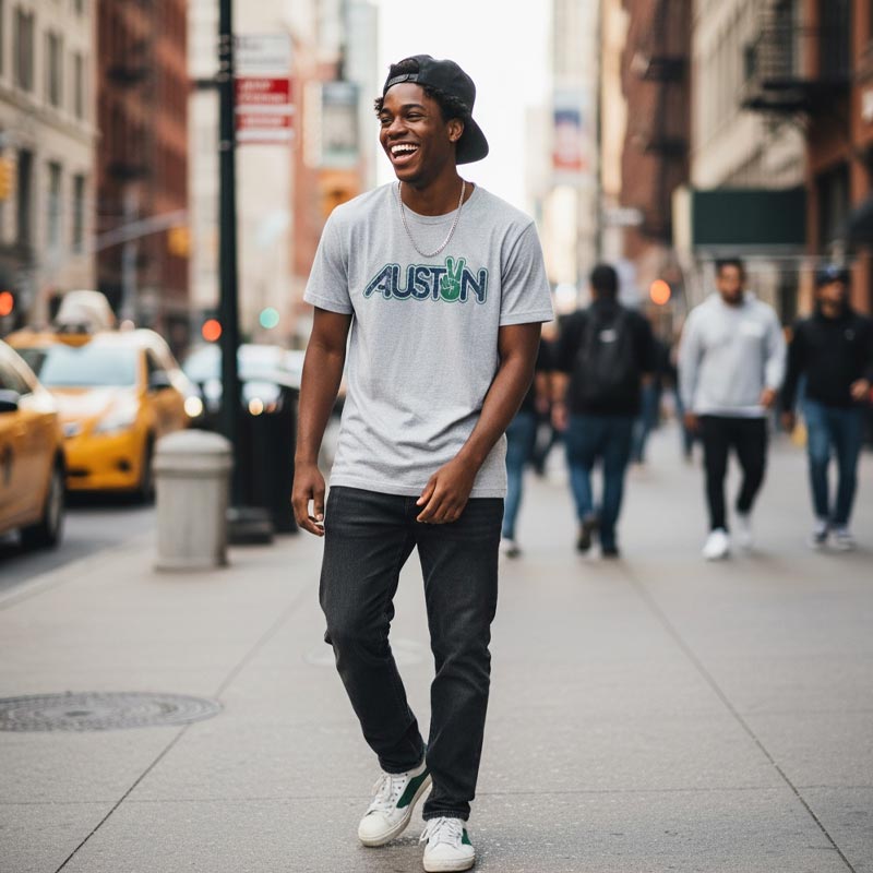 Man walking on a city street wearing a gray t-shirt with 'Auston' printed on it.