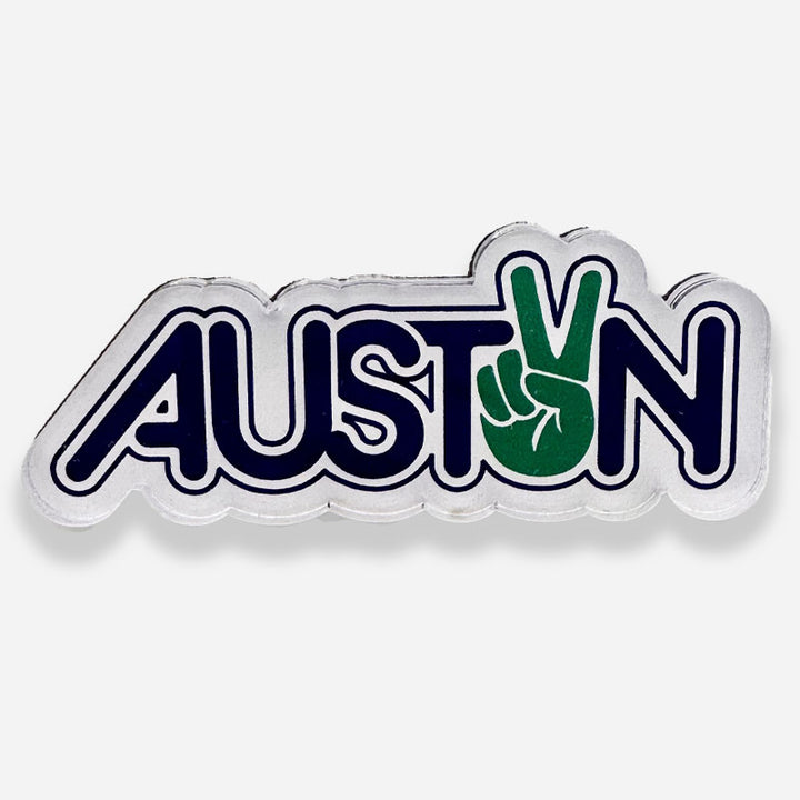 Peace Austin acrylic magnet with retro colorful design, .25-inch thick clear acrylic, displayed on white background
