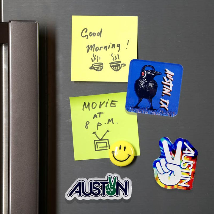Peace Austin fridge magnet with vibrant 70s-style lettering and peace sign, ideal for Austin souvenir collectors