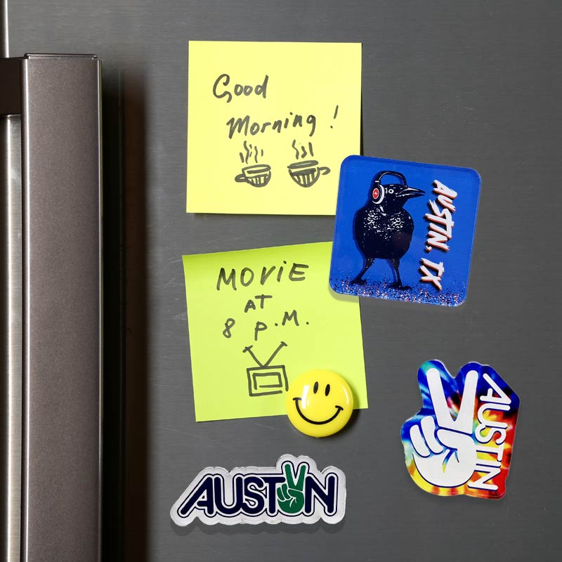 Peace Austin fridge magnet with vibrant 70s-style lettering and peace sign, ideal for Austin souvenir collectors