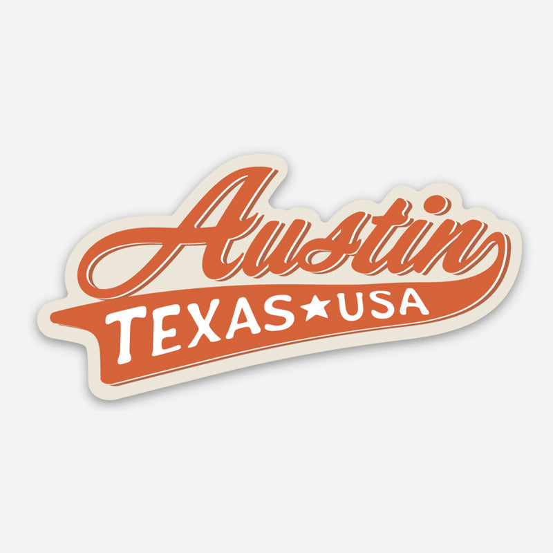 Sticker with burnt orange 'Austin Texas USA' text on a light background