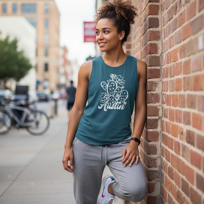 Woman wearing a teal tank top with a floral design and 'Austin' text, standing against a brick wall on a city street.
