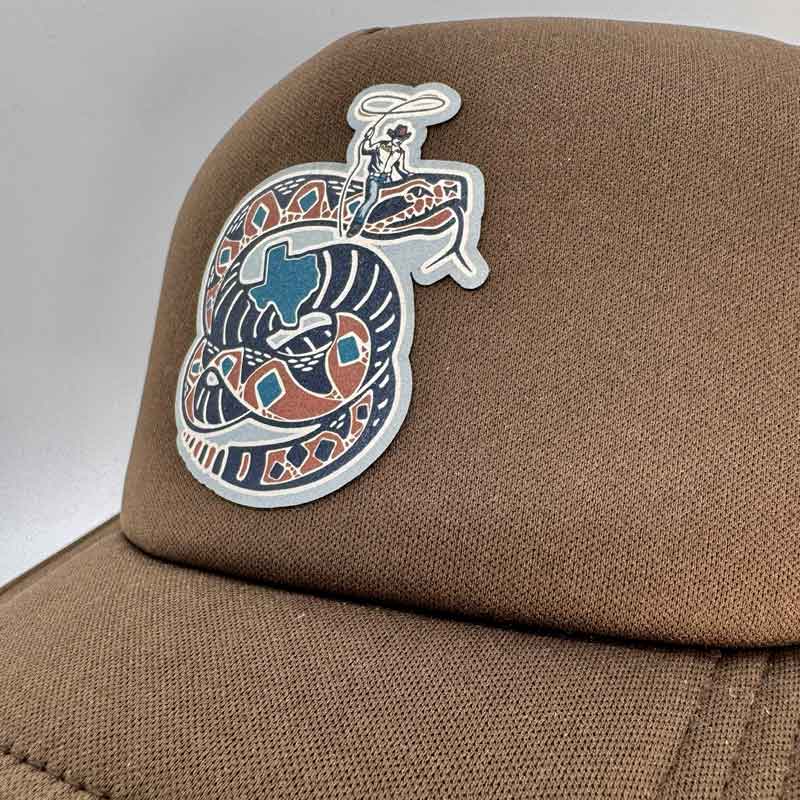 Script R Rattler Hat Texas Rattle Wrangler Foam Trucker Hat | Gusto Graphic Tees