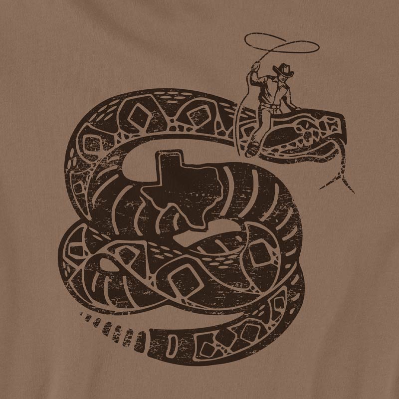 Close-up of Rattler Wrangler graphic – illustrated rattlesnake with vintage-style lettering on t-shirt