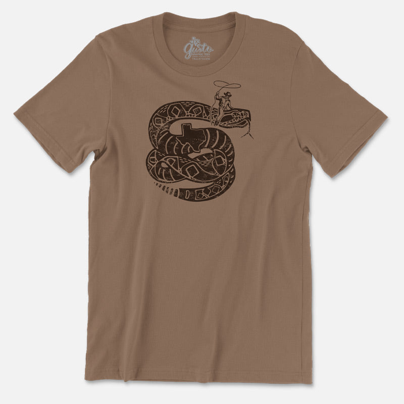 Rattler Wrangler graphic – illustrated rattlesnake with vintage-style lettering on t-shirt