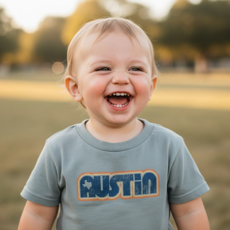Child wearing a 'Austin' t-shirt in a park setting