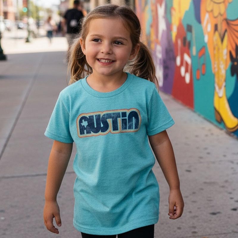 Child wearing a blue t-shirt with 'Austin' printed on it, standing in front of a colorful mural.