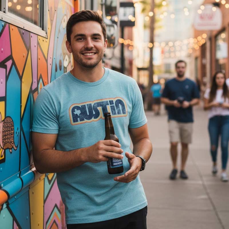 Man in a blue 'Austin' t-shirt holding a beer next to a colorful truck on a street.