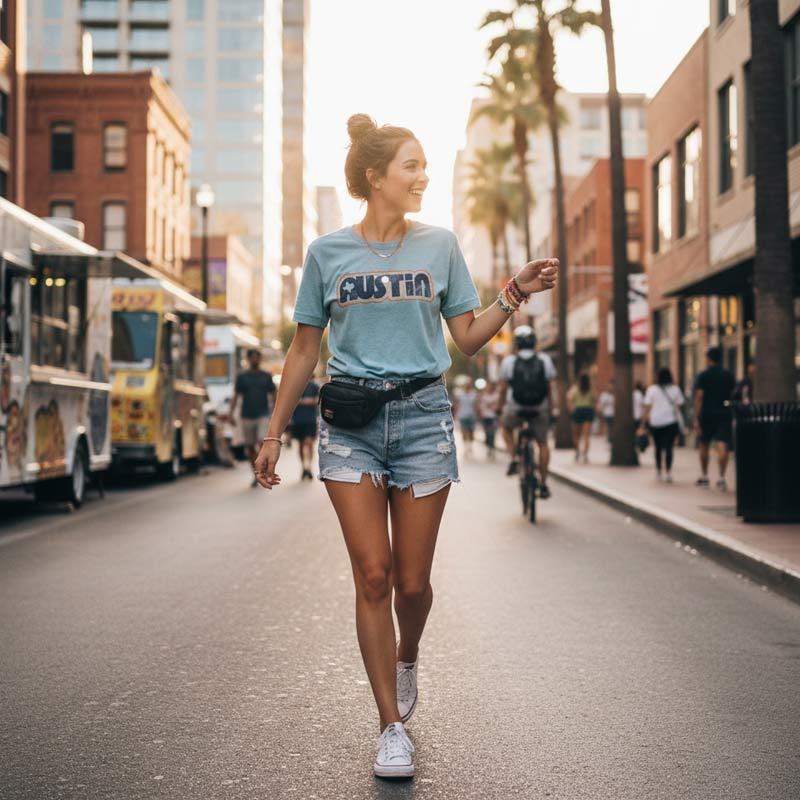 Woman walking on a city street wearing a 'Austin' t-shirt.