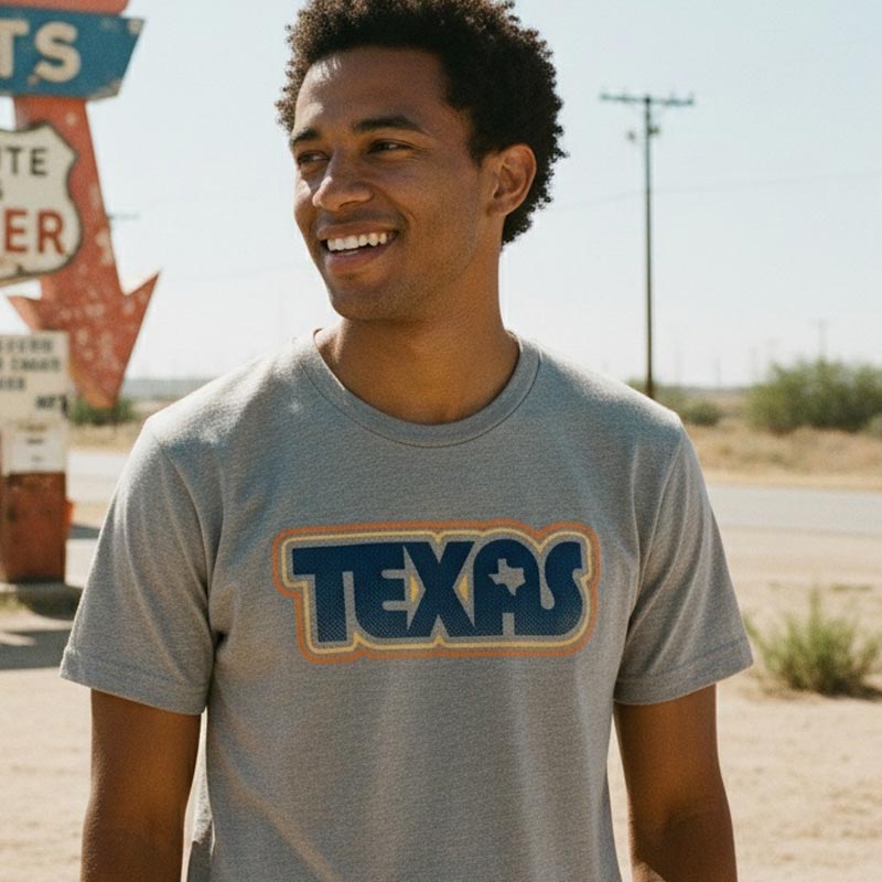Man wearing a 'Texas' t-shirt in a desert setting with vintage signs.