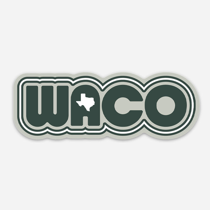 Sticker with 'Waco' and a Texas outline design on a white background