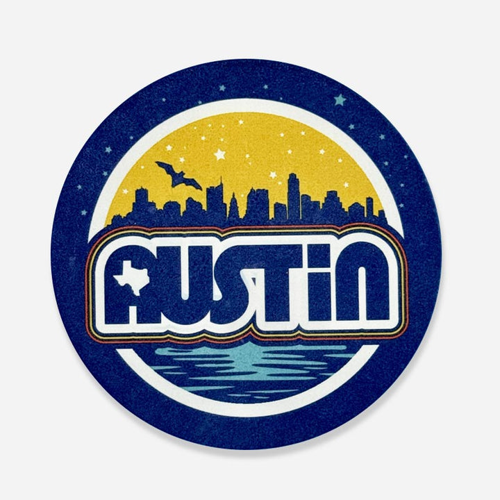 Retro Austin sandstone coaster featuring a vintage-style Austin logo with the city skyline in the background, made from natural stone for stylish surface protection.