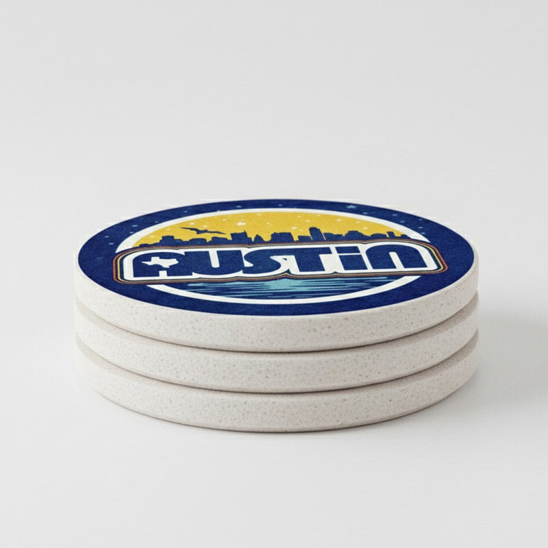 Stack of coasters with a 'Austin' design on a white background