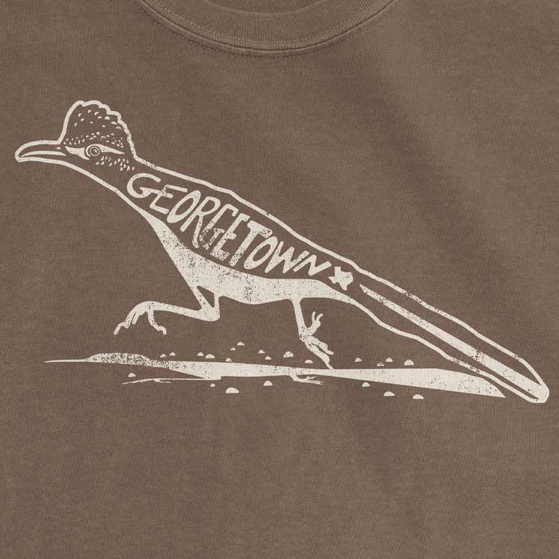 Close-up of Roadrunner design printed in Bora Bora ink on Espresso Comfort Colors shirt, Georgetown TX inspired artwork.