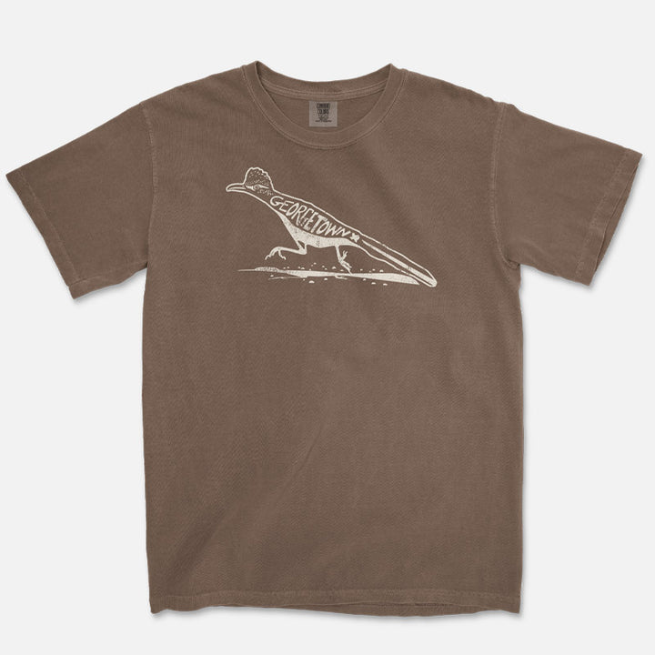 GTX Roadrunner graphic t-shirt in Espresso Comfort Colors 1717 with Bora Bora blue print inspired by Georgetown, Texas.