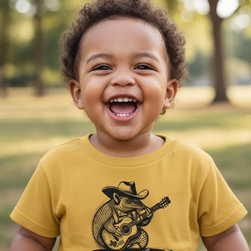 Child wearing a yellow t-shirt with a graphic design, standing in a park.