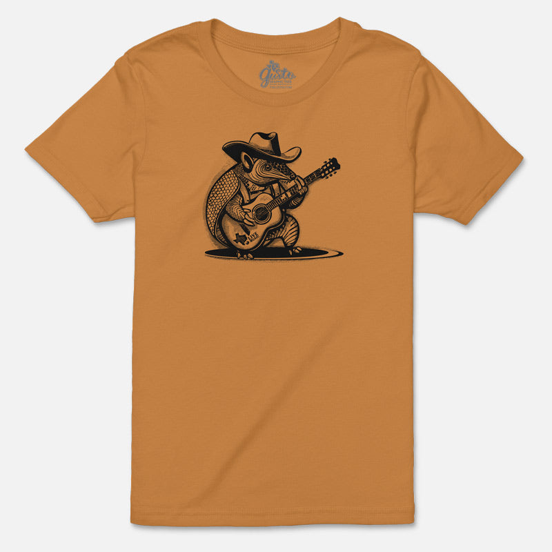 Rockin Armadillo Youth T-shirt, armadillo playing the guitar, live music t-shirt